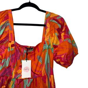 Crystal Sky Bright Orange Floral Puff Sleeve Tiered Midi Dress - Size L - NWT